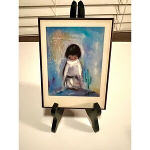 Vintage Ted DeGrazia Art Print on Wood Plaque Kneeling Boy Laminated "Blue Boy"